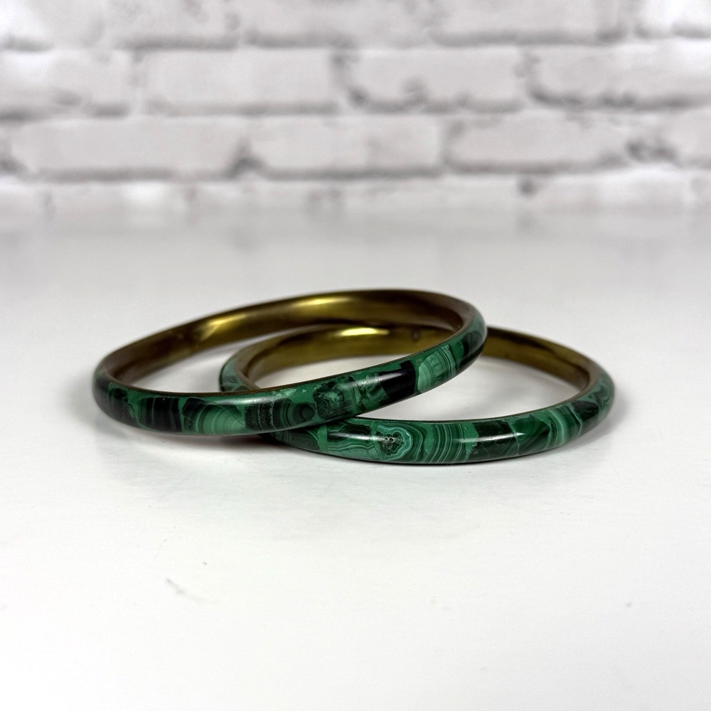 Set Of 2 Vintage Women's Green Malachite Brass Inlay Bangle Bracelet